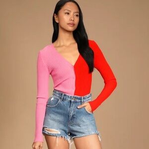 Dynamic Duo Pink and Red Color Block Ribbed Cardigan Sweater